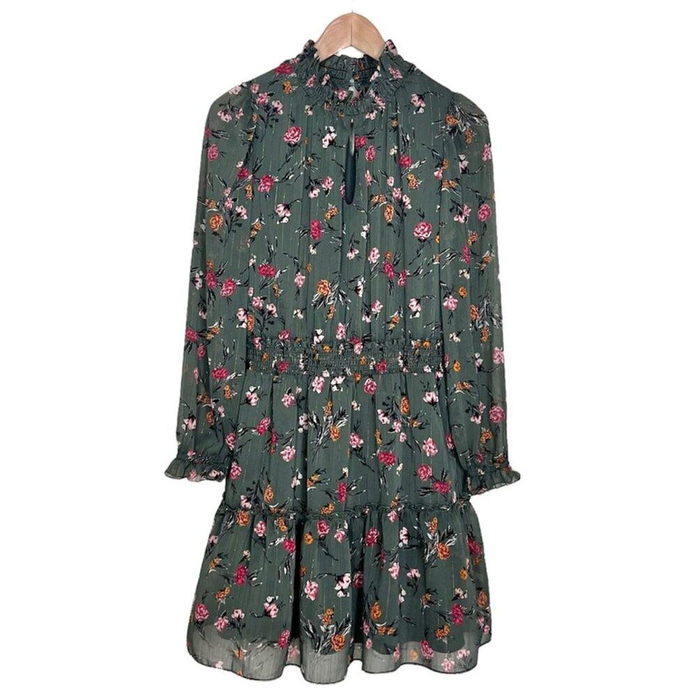 Drew Pretty Floral Chiffon Ruffle Dress Small NWT Green Long Sleeve